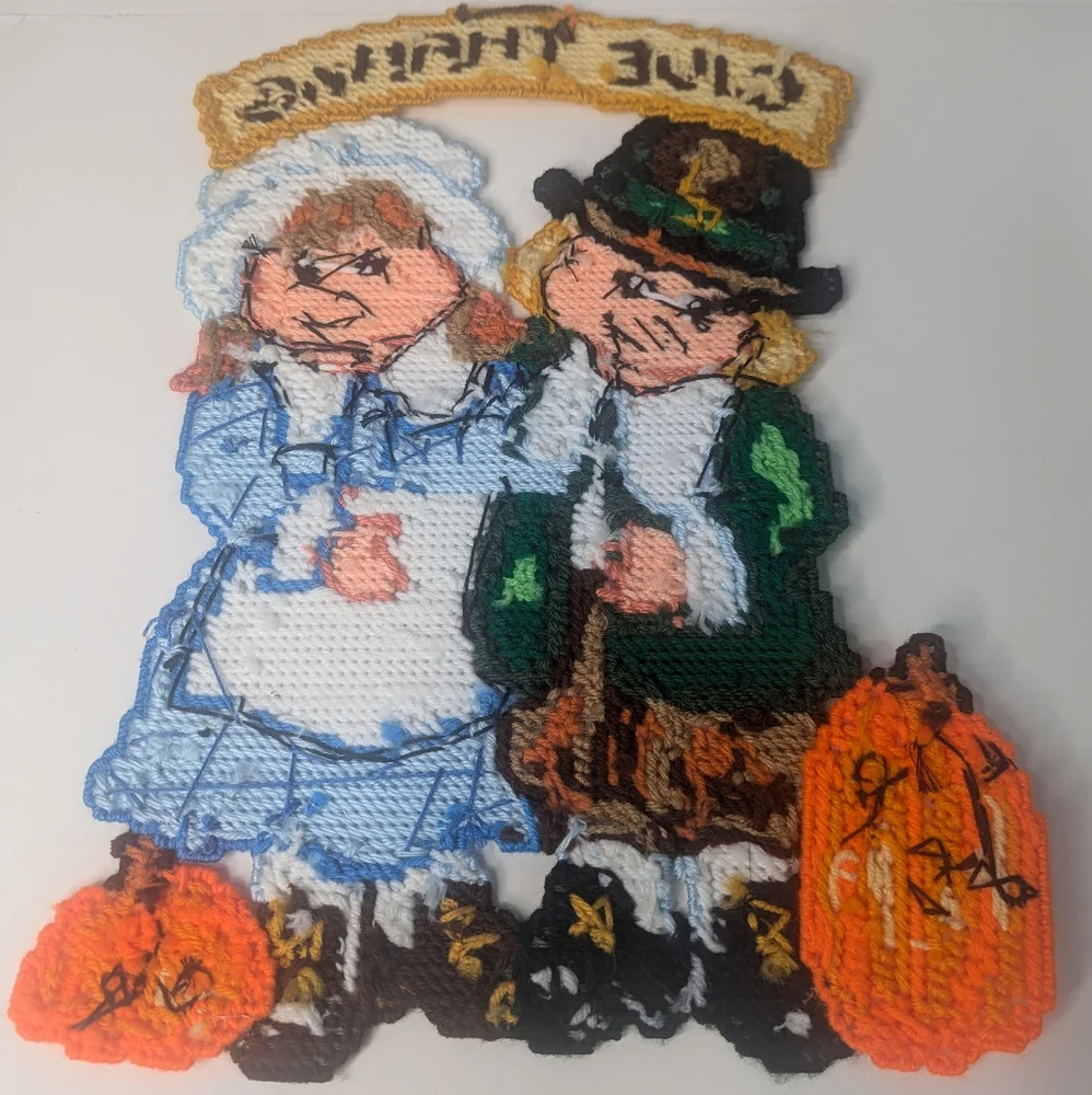 Thanksgiving Pilgrim Boy and Girl Fall Handmade Plastic Canvas Decoration
